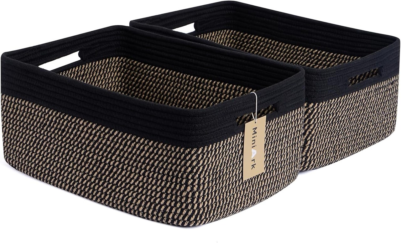 Summer Storage Baskets for Shelves, Closet Organizers Bins for Clothes Blanket Towels, Baby Nursery, Toy Baskets Box, Woven Rope Baskets, 17 x 13 x 7.5”, 2 Packs Woven Brown